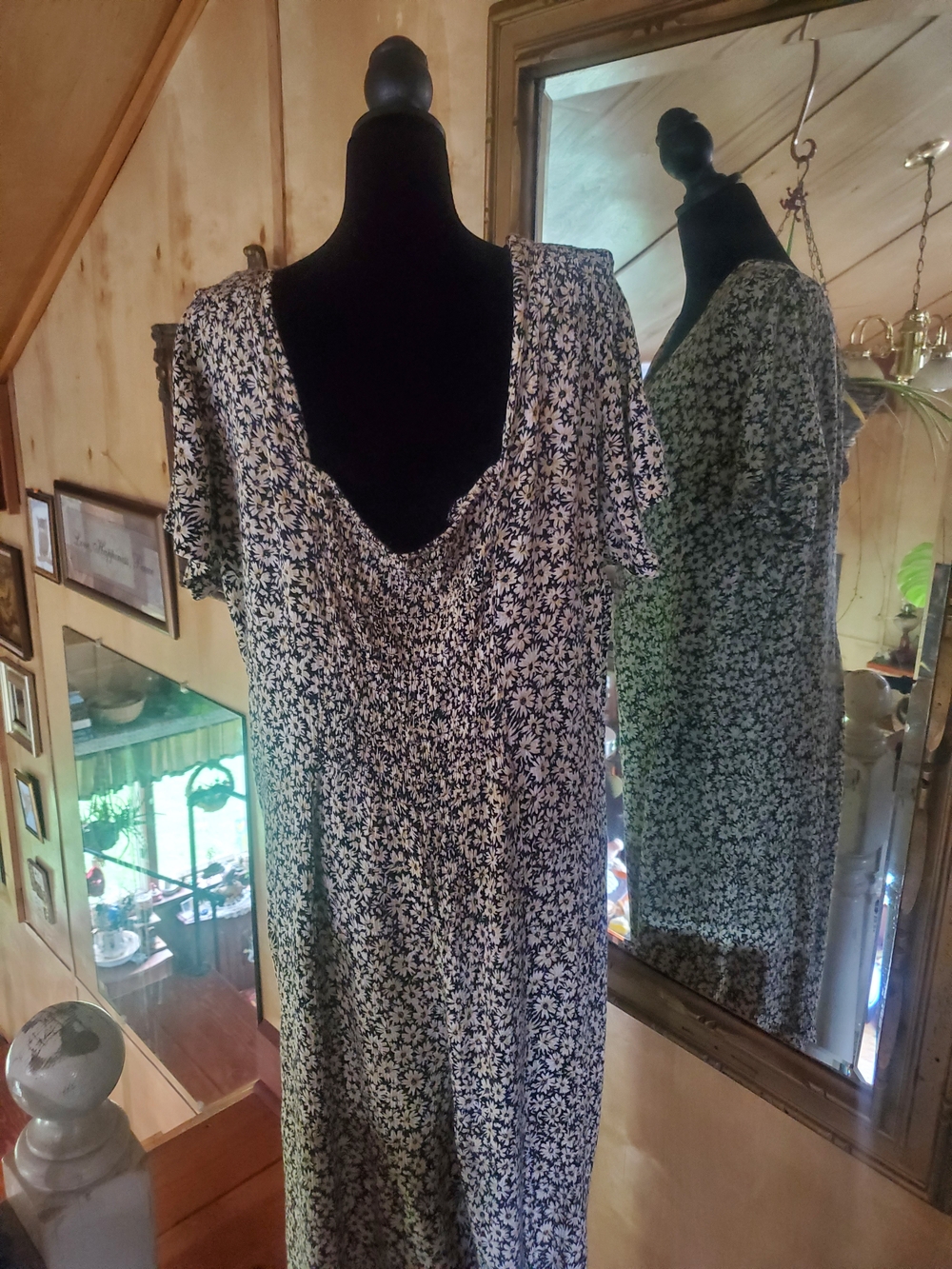 Vintage 90s Daisy Print Jumpsuit Wide Leg Palazzo Button Front Romper Navy - Picture 2 of 11